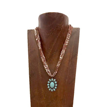 Load image into Gallery viewer, NKS251013-03-BROWN-BLUE    16'' L brown print scarf Necklace with blue turquoise stone flower concho Pendent: BEIGE/PINK
