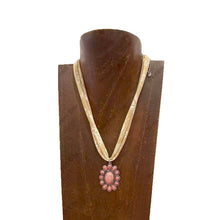 Load image into Gallery viewer, NKS251013-03-BROWN-BLUE    16'' L brown print scarf Necklace with blue turquoise stone flower concho Pendent: BLACK/WHITE
