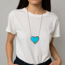 Load image into Gallery viewer, NKS230416-41    "26 inches blue turquoise stone heart necklace  with paper clip shape silver metal chain"
