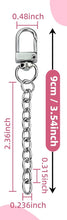 Load image into Gallery viewer, Silver metal chain clips with spring rings, shown with dimension labels and a count of 20 pieces. The left side shows a single clip with measurements, and the right side shows a grid of 18 identical clips on a pink and white background.
